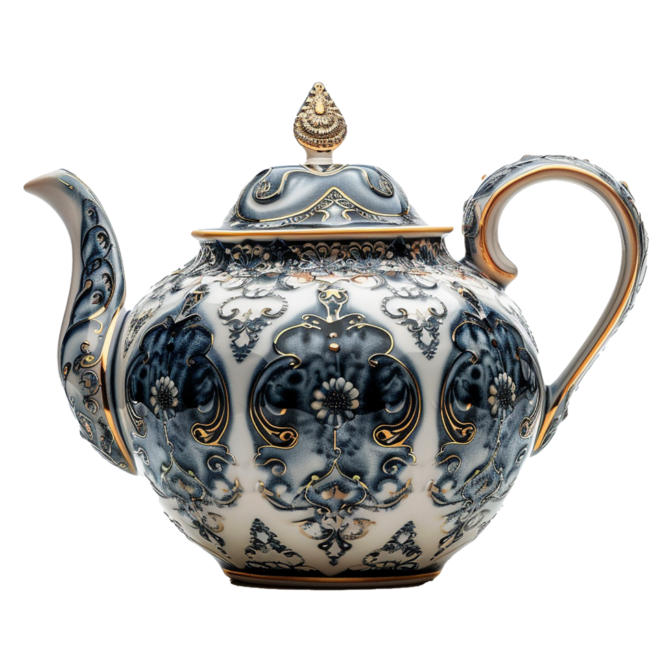 Elegant Porcelain Teapot with Intricate Blue and Gold Design png