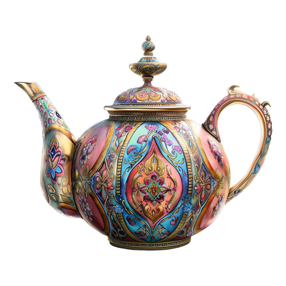 Ornate HandPainted Teapot with Exquisite Floral and Geometric Designs in Vibrant Jewel Tones png