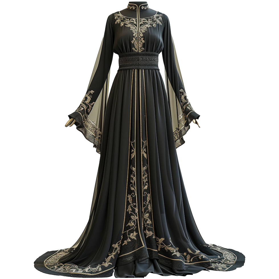 Elegant Black and Gold Embroidered Abaya Gown with Long Sleeves and Floor Length png