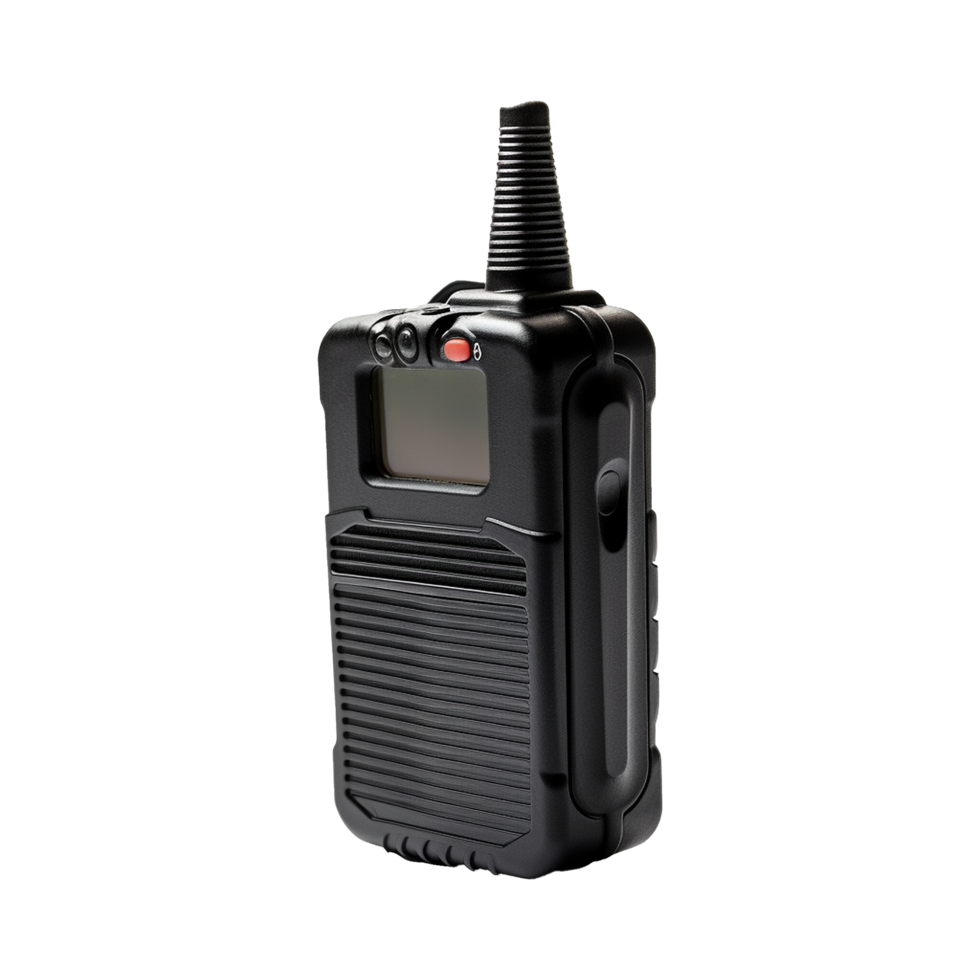 Black Handheld Two Way Radio Transceiver with Antenna and LCD Screen png