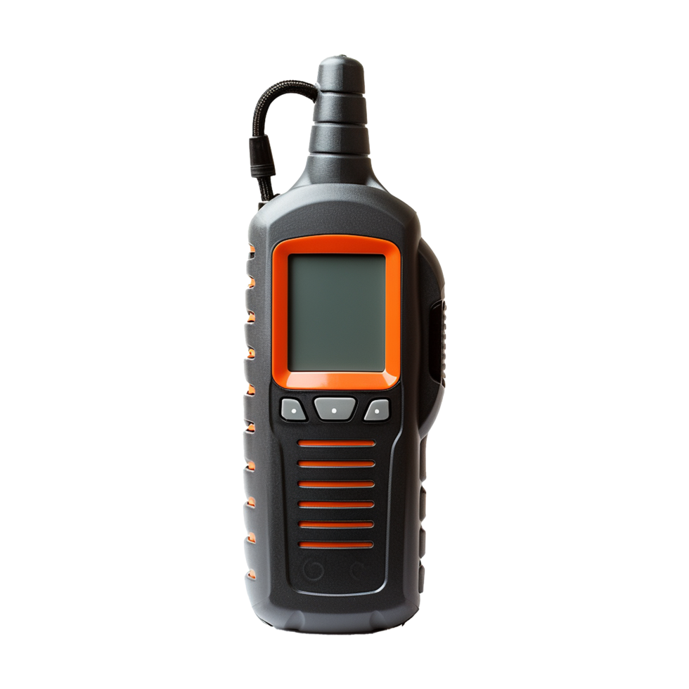 A Black and Orange Handheld Two Way Radio Transceiver with LCD Screen png