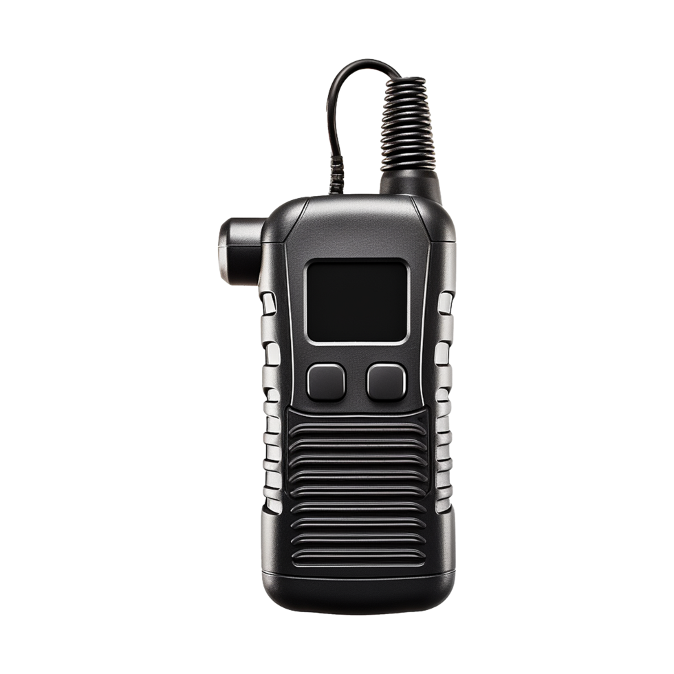Black Handheld Two Way Radio Transceiver with Antenna and Display Screen png