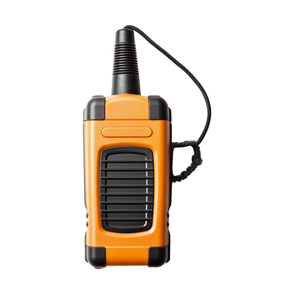 Portable Handheld Two Way Radio Transceiver with Orange Housing and Black Antenna png