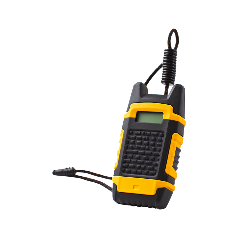 Portable Handheld Electronic Device with Yellow and Black Accents and Lanyard png