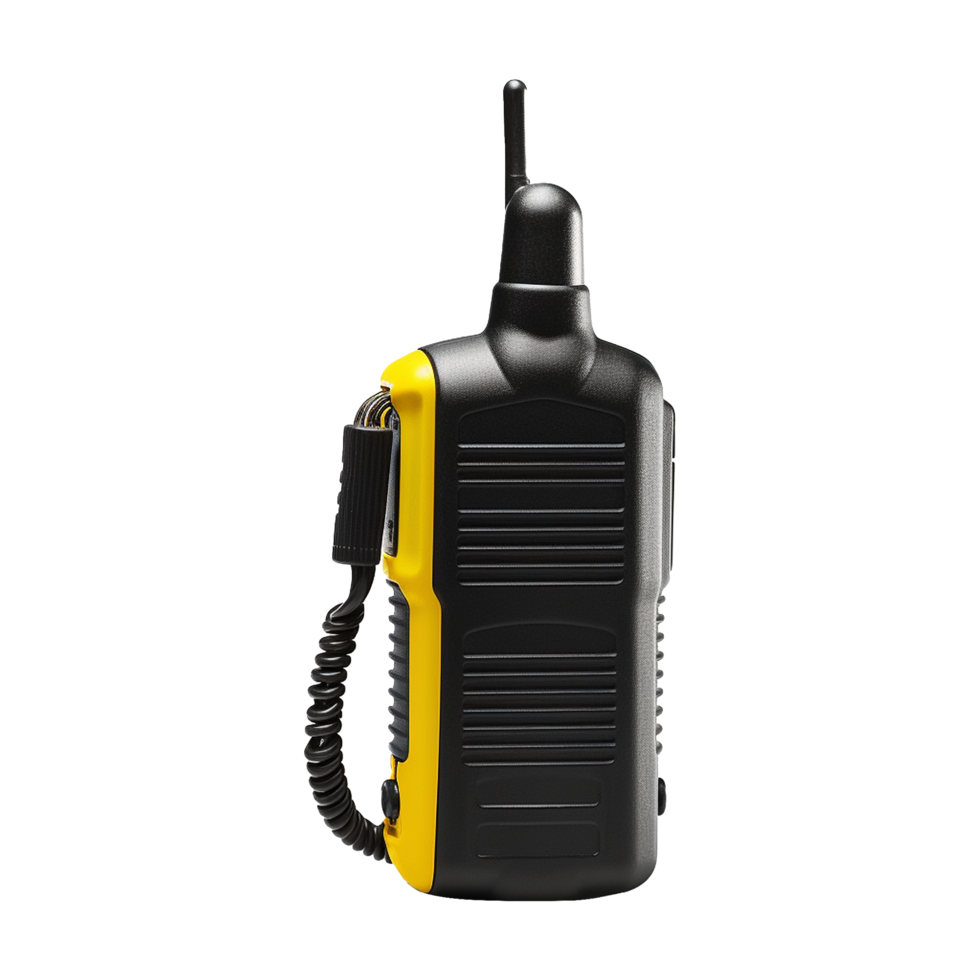Black and Yellow Portable Handheld Two Way Radio Transceiver with Antenna and Coil Cord png