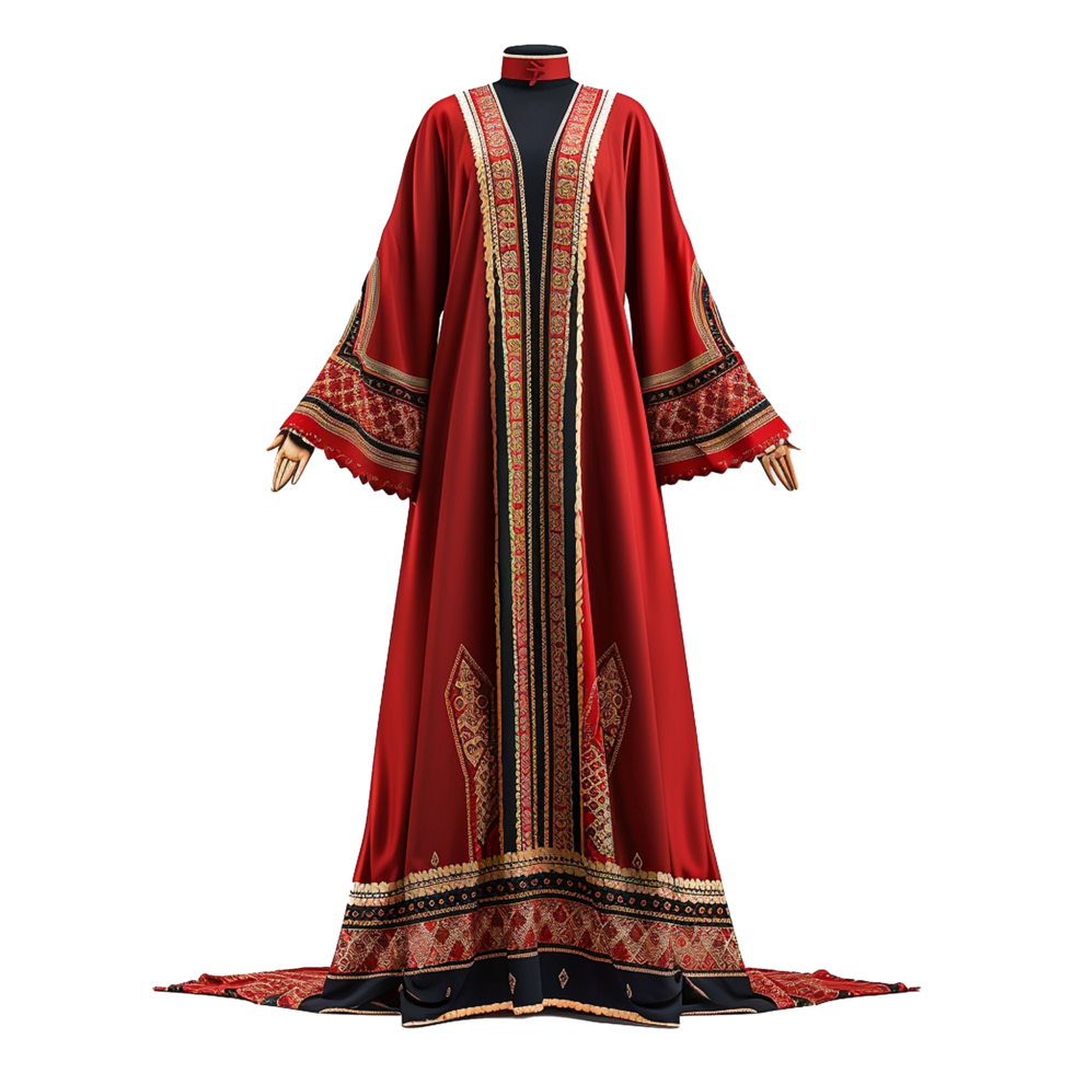 Elegant Red and Black Embroidered Long Dress with Wide Sleeves png