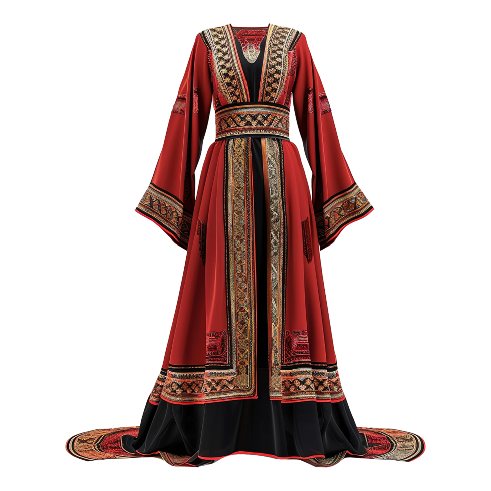 Elegant Red and Black Embroidered Long Dress with Intricate Detailing and Wide Sleeves png