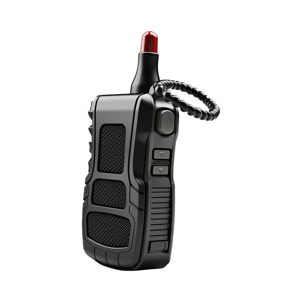 Black Rugged Portable Two Way Radio Handheld Transceiver with Antenna and Coil Cord png