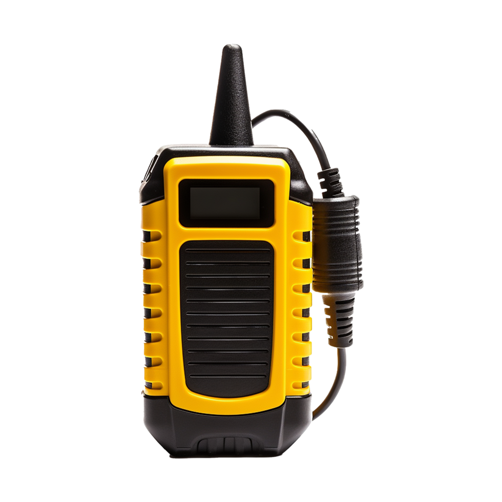Portable Yellow and Black Handheld Transceiver with Antenna and Power Cord png