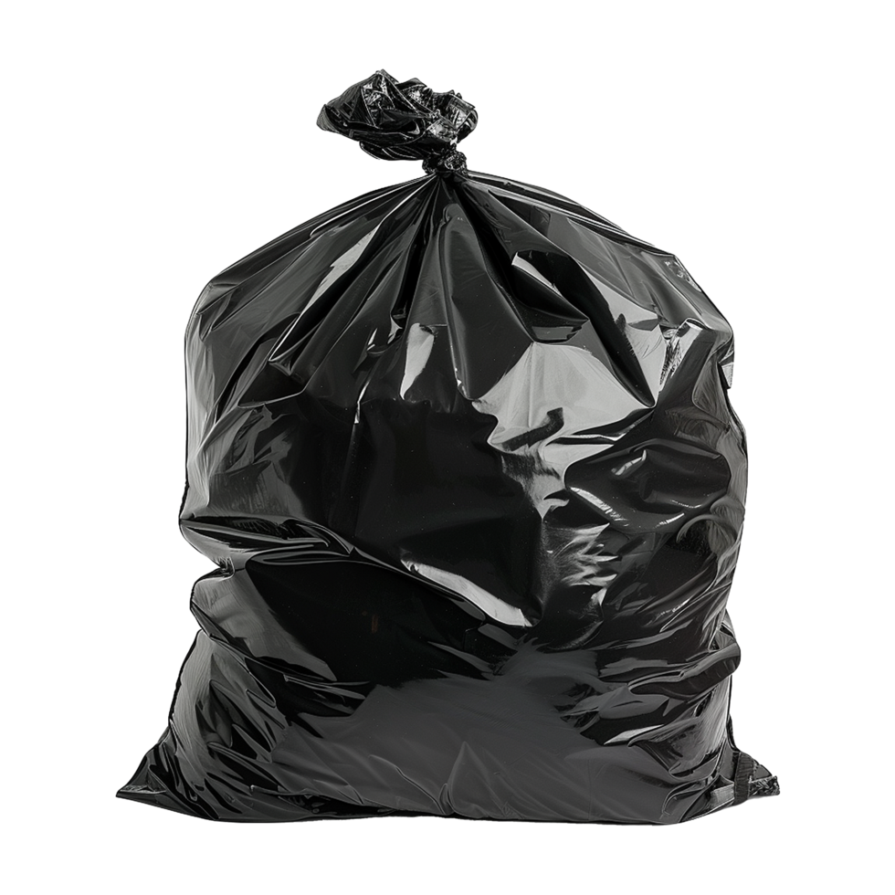 A large black plastic trash bag full of unseen refuse, tied at the top, isolated on white background png