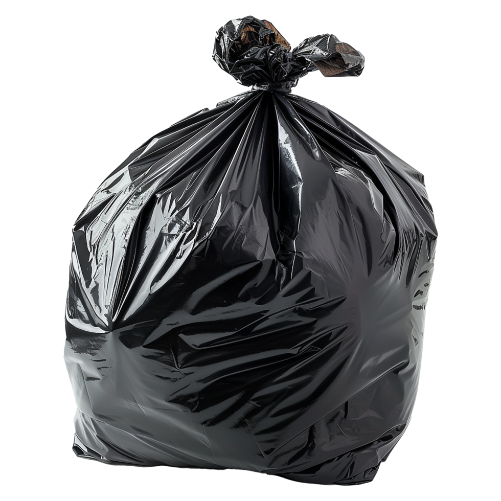 A Full Black Plastic Garbage Bag Tied at the Top on White Background png