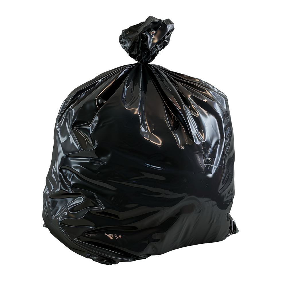 A large black plastic trash bag overflowing with unseen contents, tied at the top, isolated on white background png