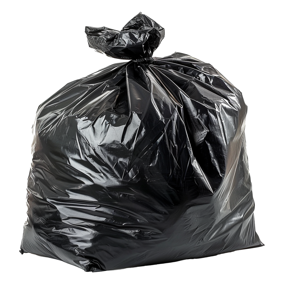 A large black plastic garbage bag filled with trash is overflowing and tightly knotted at the top png