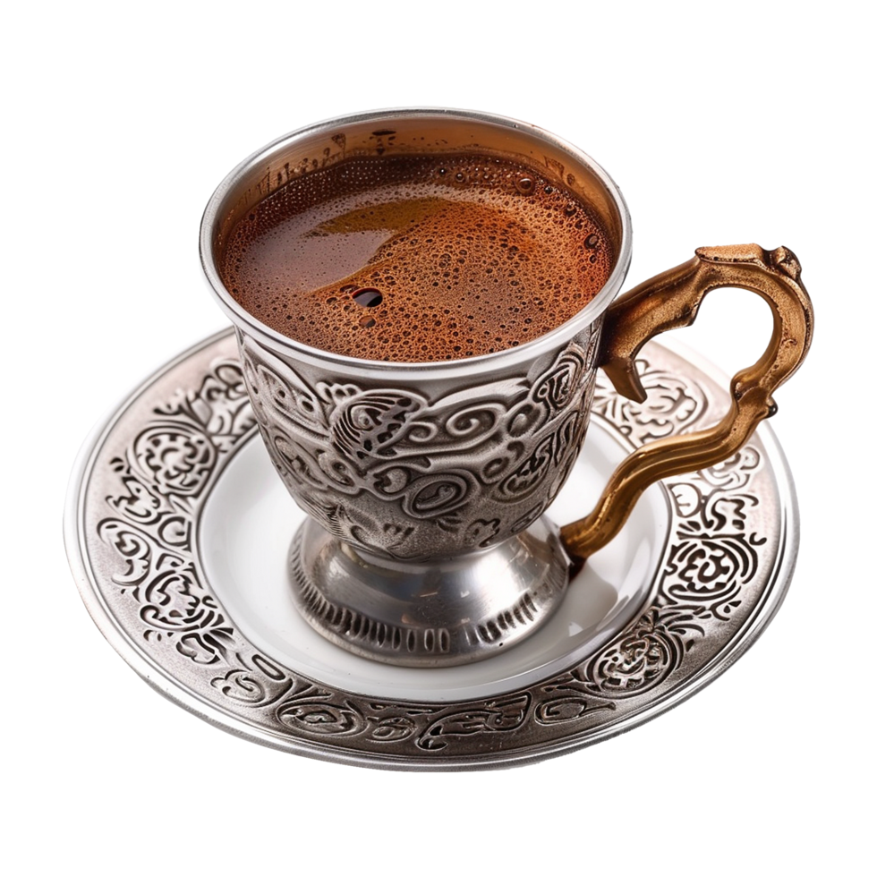 Aromatic Turkish Coffee in a Ornate Silver Cup and Saucer png