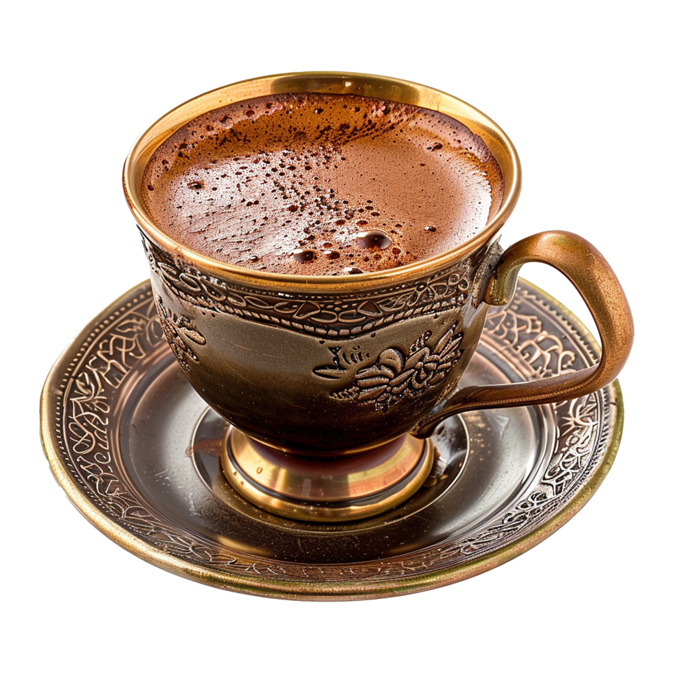 Aromatic Turkish Coffee in an Ornate Bronze Cup and Saucer png