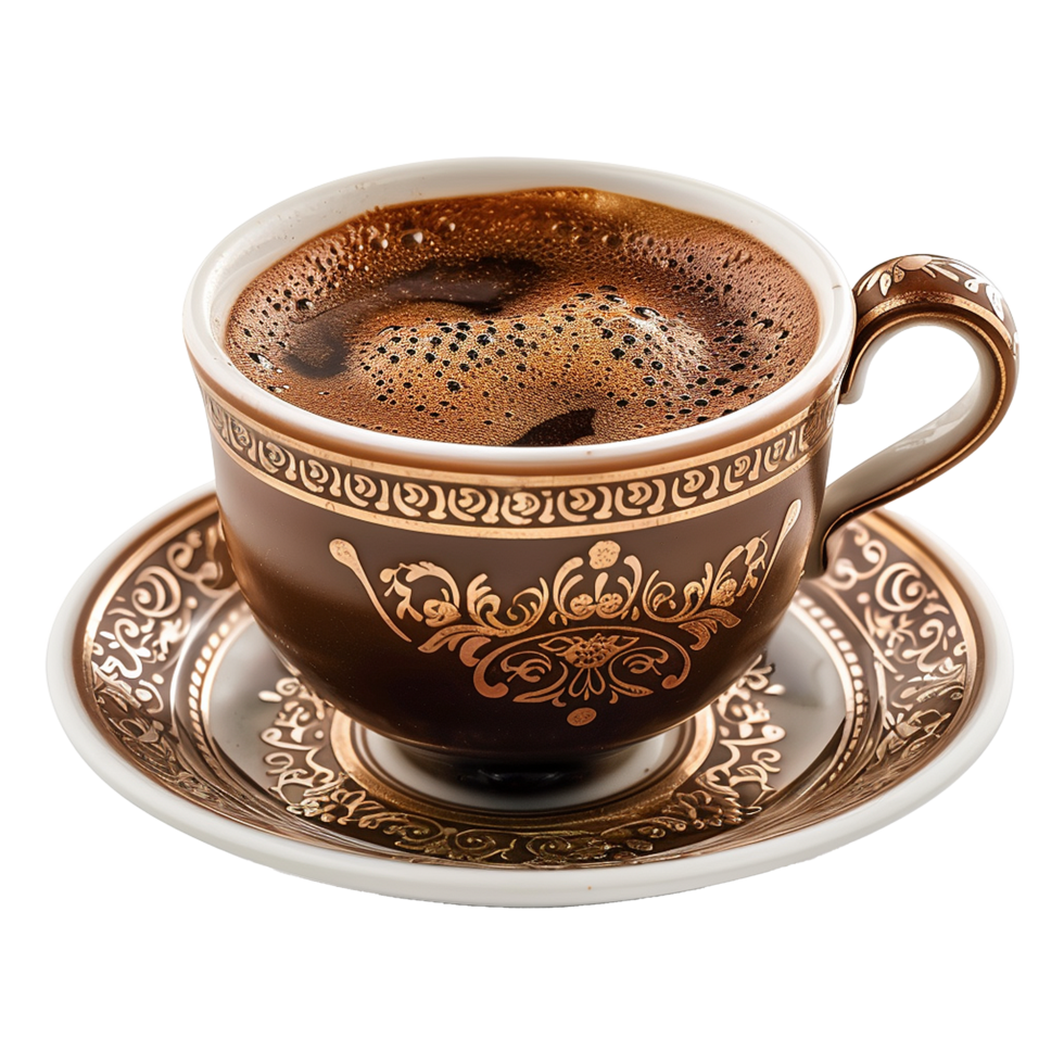 Aromatic Turkish Coffee in an Ornate Brown and Gold Cup and Saucer png