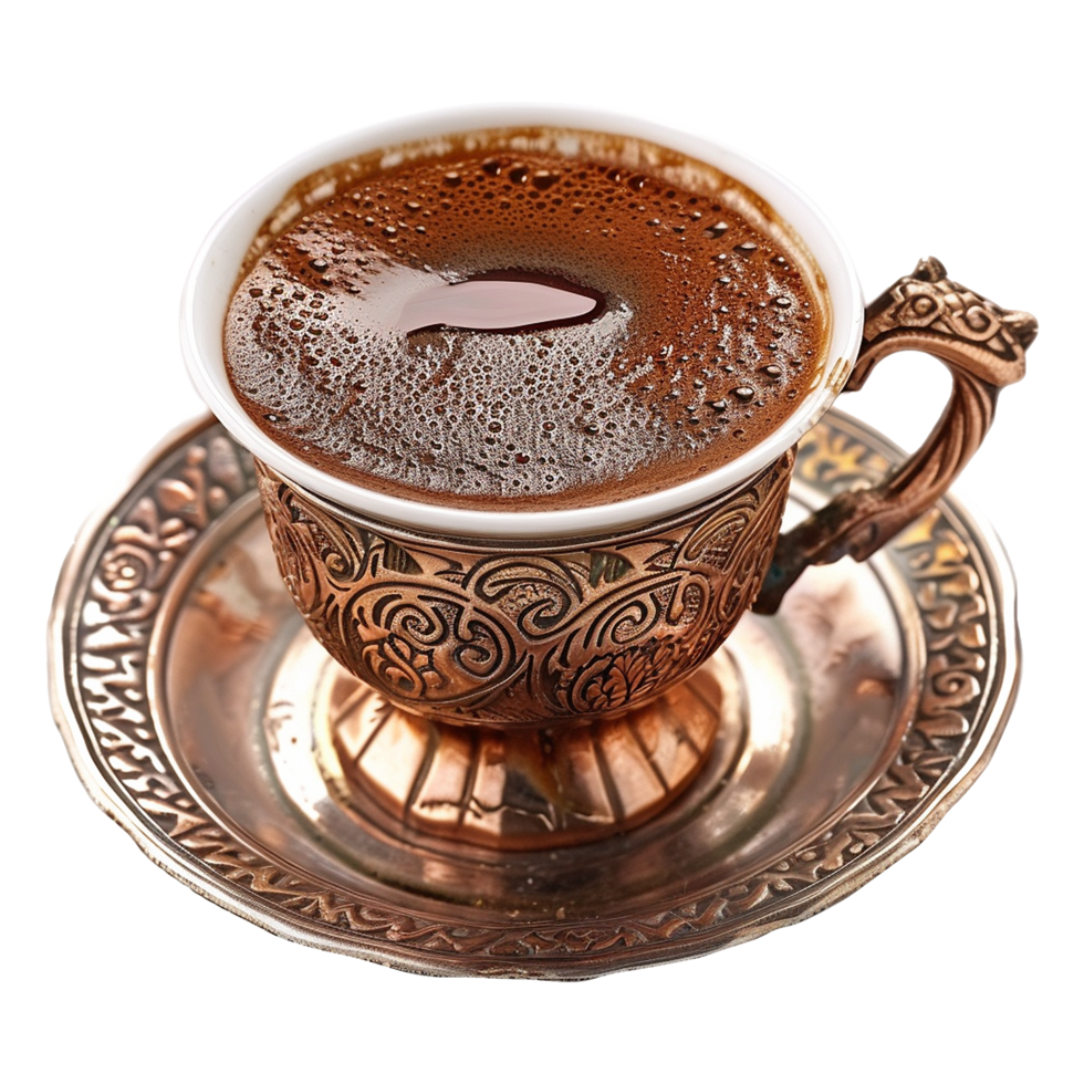 Aromatic Coffee in an Ornate Copper Cup and Saucer png