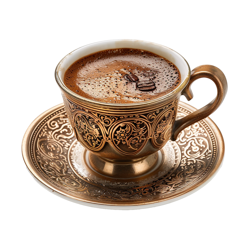 Aromatic Coffee in Ornate Gold Cup and Saucer png