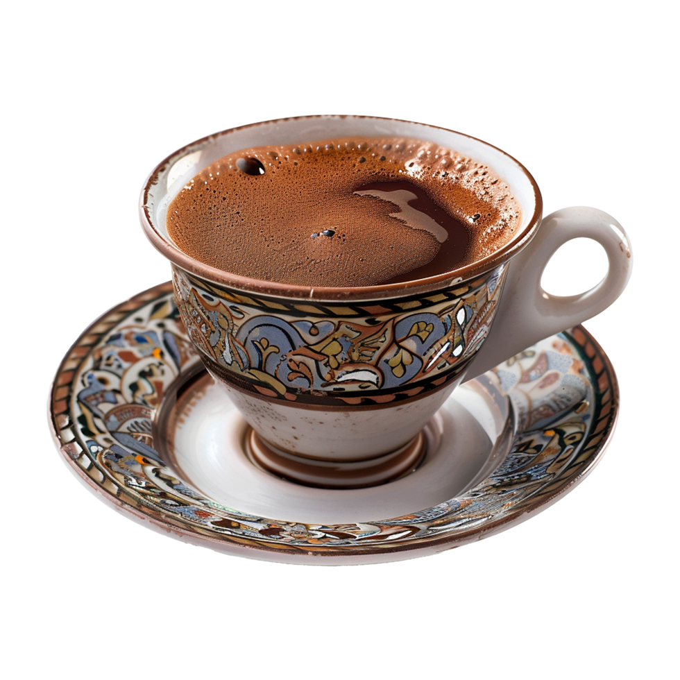 Aromatic Turkish Coffee in an Ornate HandPainted Cup and Saucer png
