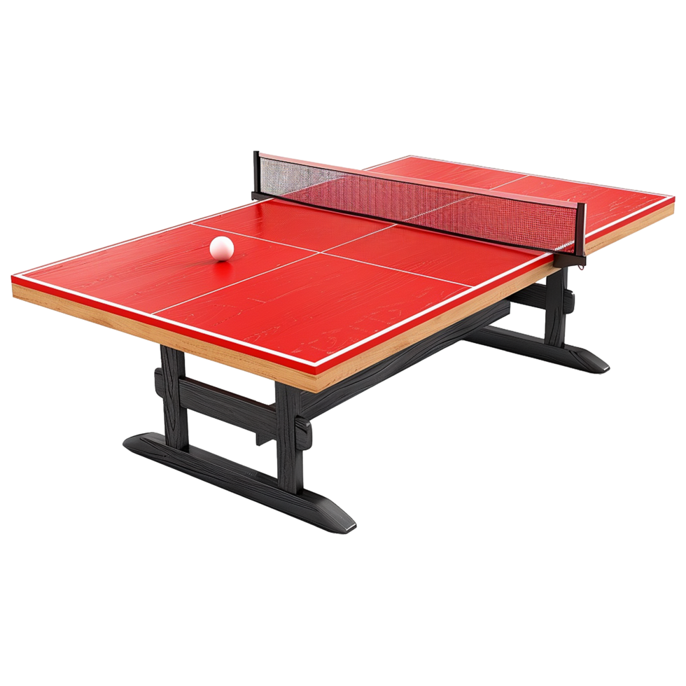 Modern Red and Black Ping Pong Table with Net and Ball Ready for a Game png