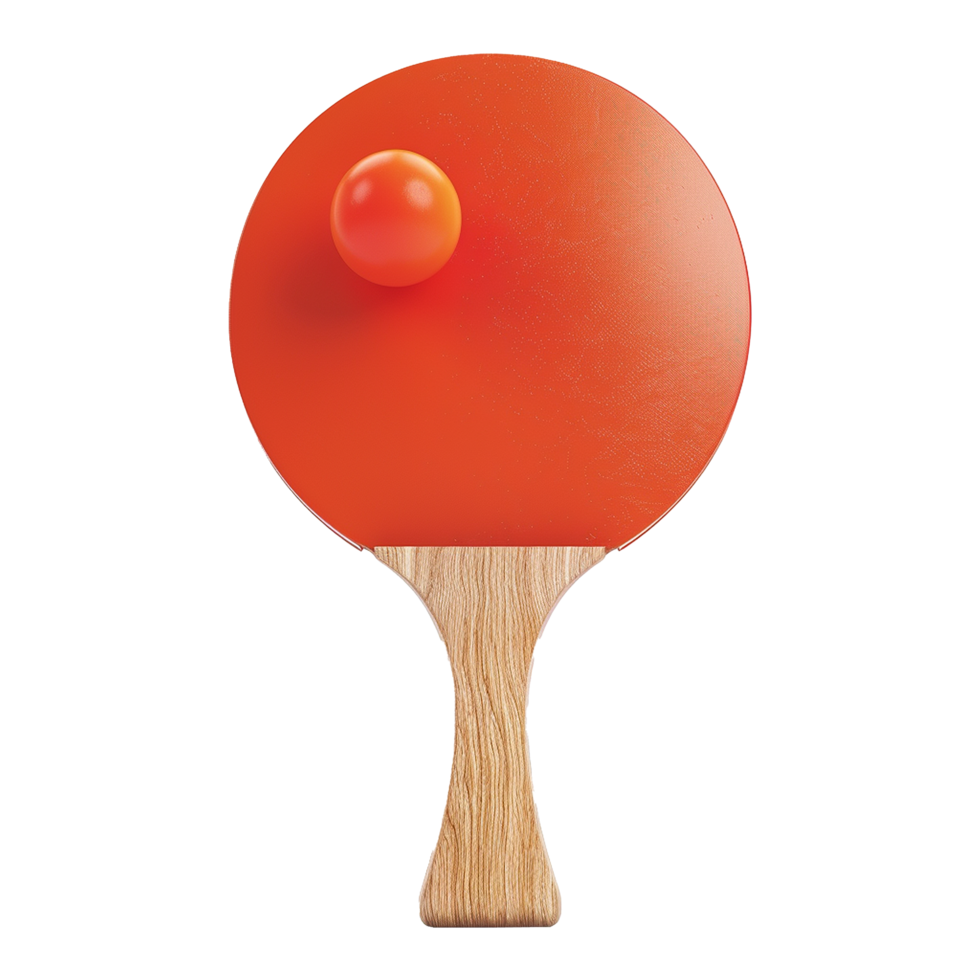 A closeup shot of a ping pong paddle and ball, showcasing a vibrant orange paddle with a light brown wooden handle and a single orange ping pong ball resting on its surface png