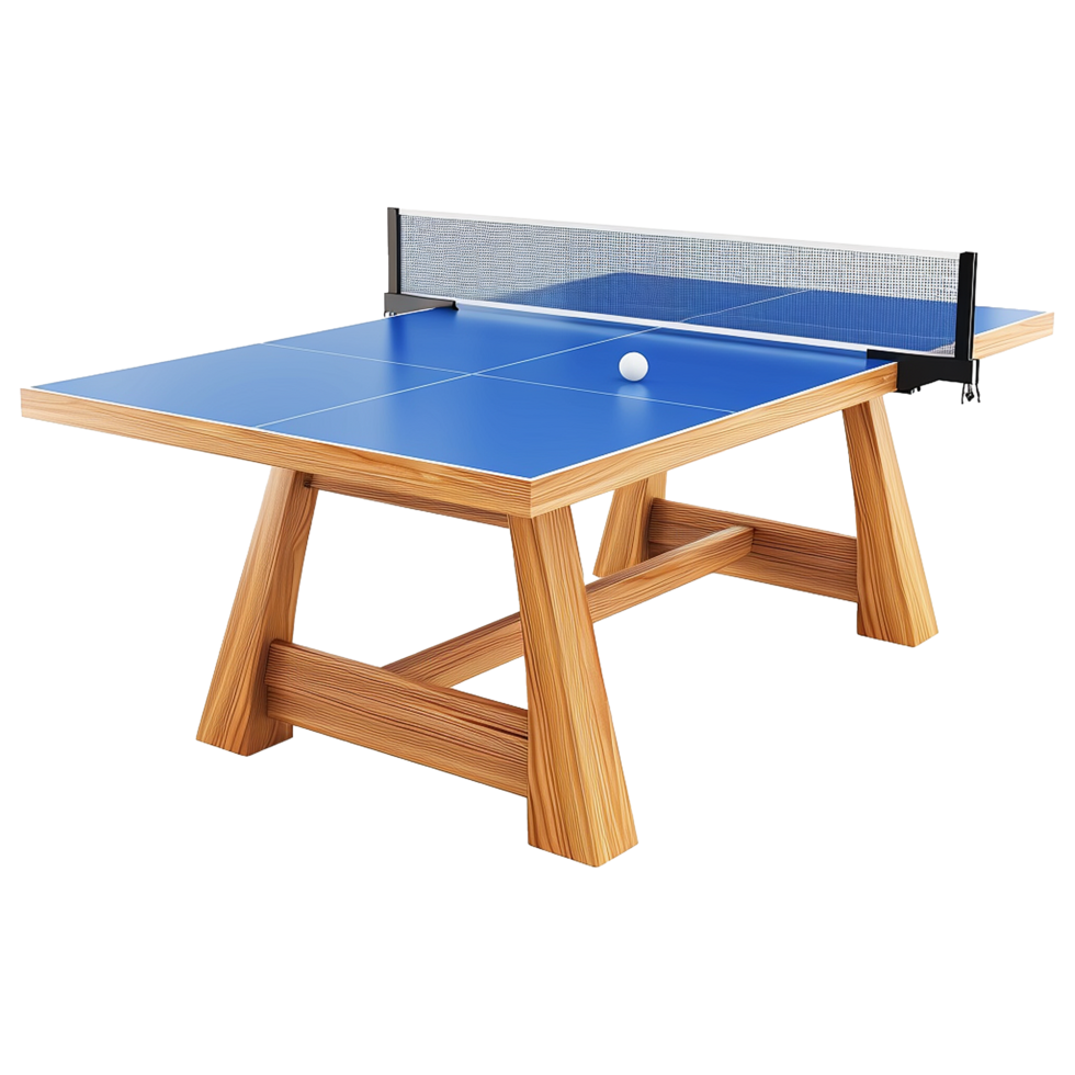 Modern Wooden Ping Pong Table with Blue Tabletop and Net png
