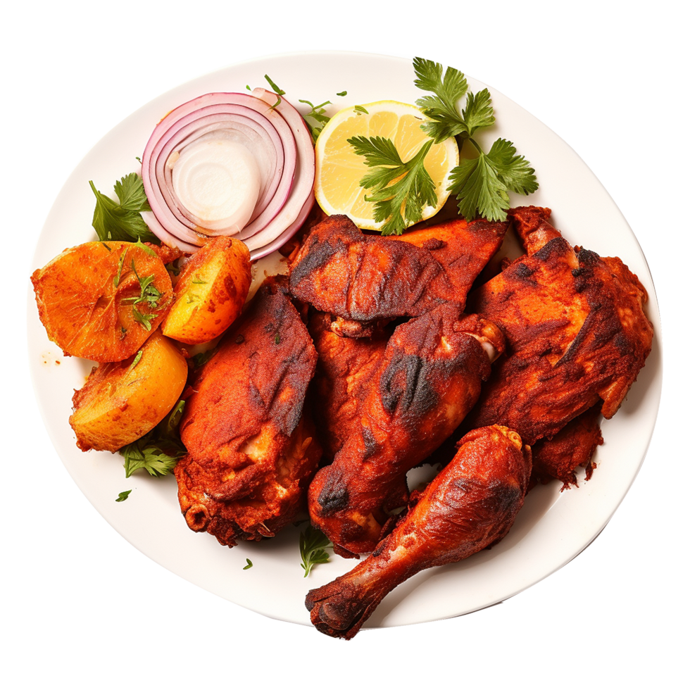 Delicious Spicy Tandoori Chicken with Roasted Potatoes and Lemon png