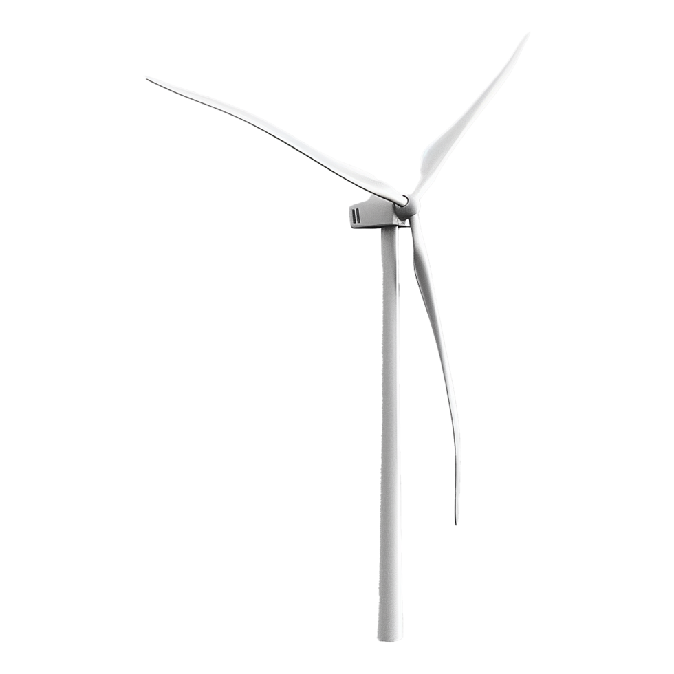 A single sleek white wind turbine against a gray striped background, clean energy technology illustration png