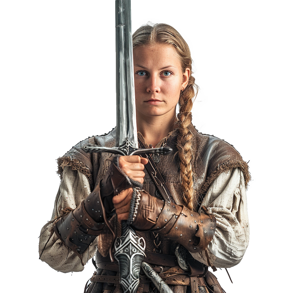 A Young Female Warrior Posing with a Medieval Sword, Dressed in Authentic Leather Armor and Russet Clothing png