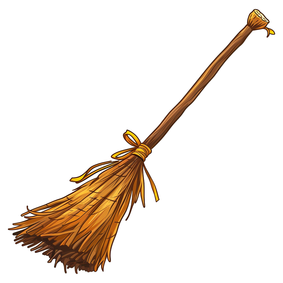 A whimsical illustration of a cartoon witches broom with a wooden handle and straw bristles tied with a yellow ribbon png