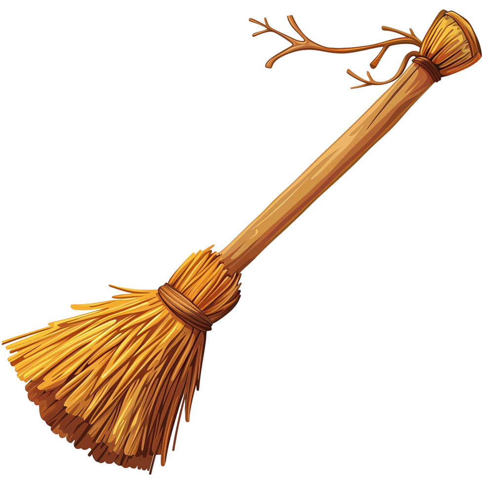 A Detailed Illustration of a Traditional Broom with a Wooden Handle and Straw Bristles png
