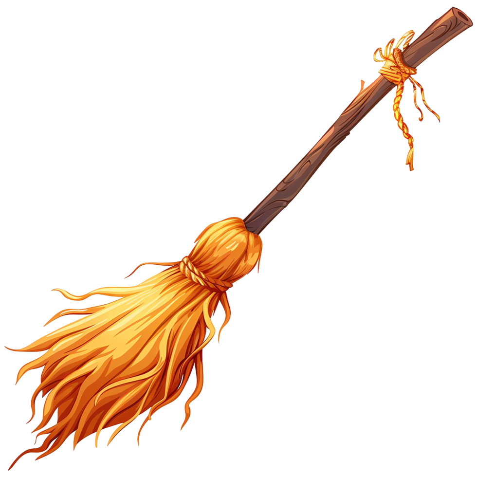 A Magical Witches Broom Illustration with a Wooden Handle and Golden Bristles png
