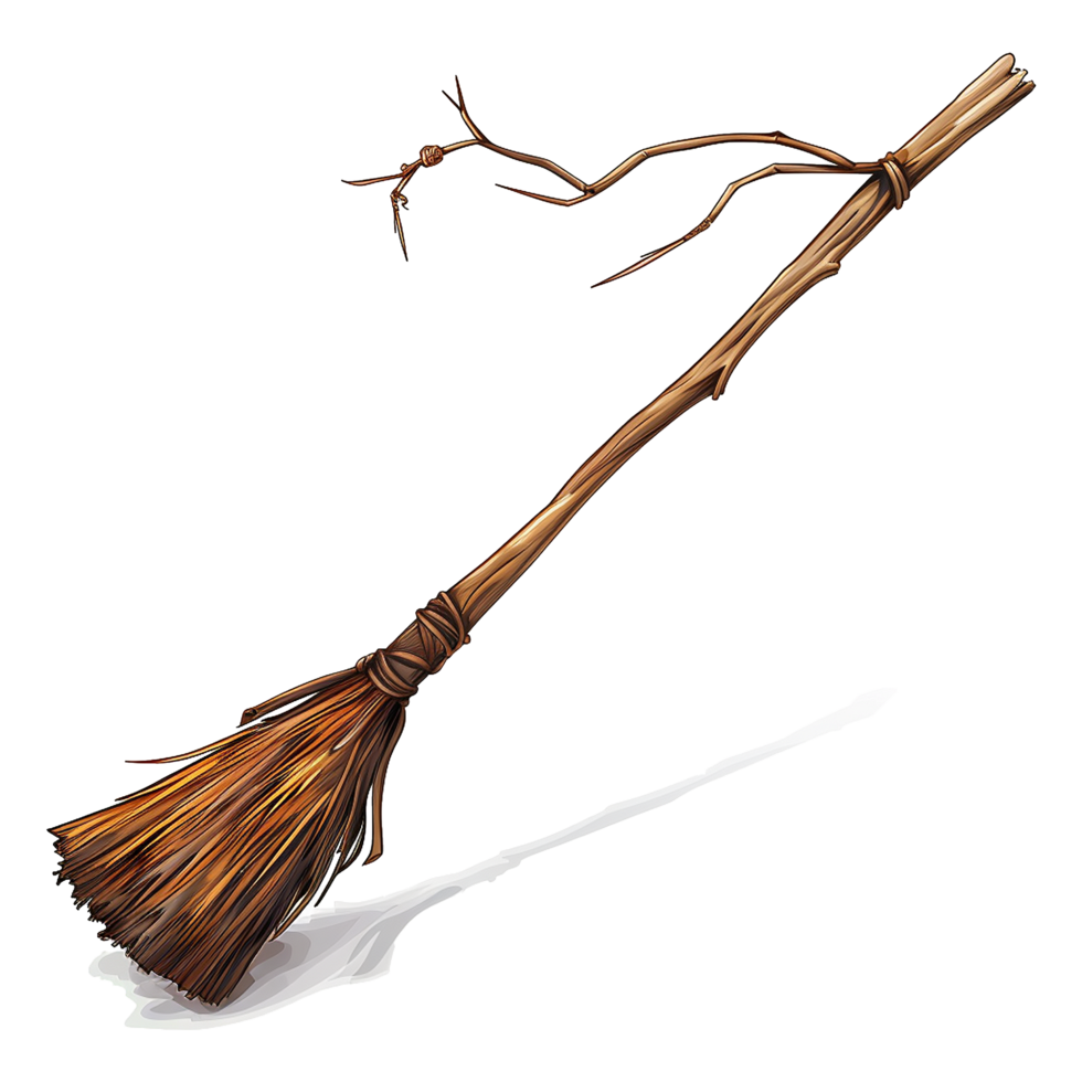 A Detailed Illustration of a Rustic Wooden Witches Broom with Brown Twigs and Straw Bristles png