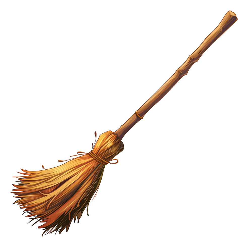 A Detailed Illustration of a Traditional Witch's Broom with a Wooden Handle and Straw Bristles png