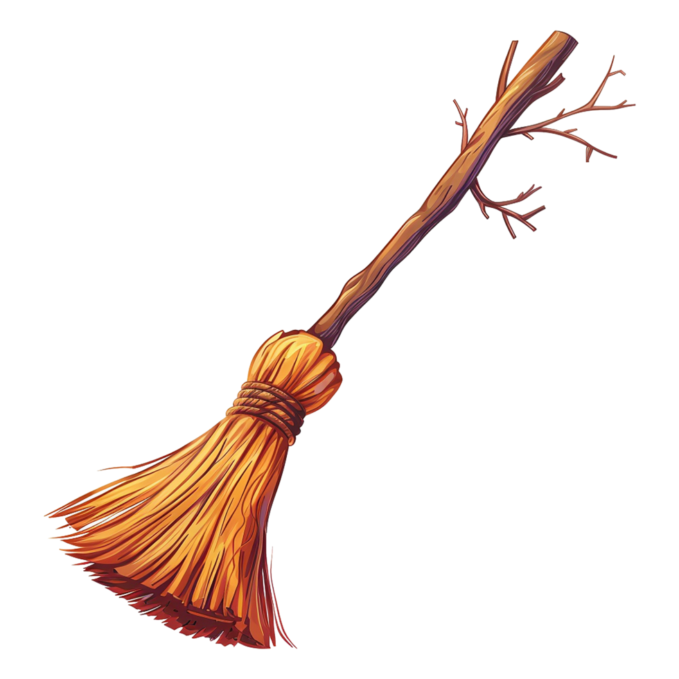 A Detailed Illustration of a Traditional Witches Broom with Wooden Handle and Straw Bristles png