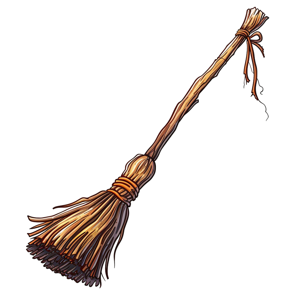 A Cartoon Illustration of a Rustic Witch's Broomstick with Twine Binding png