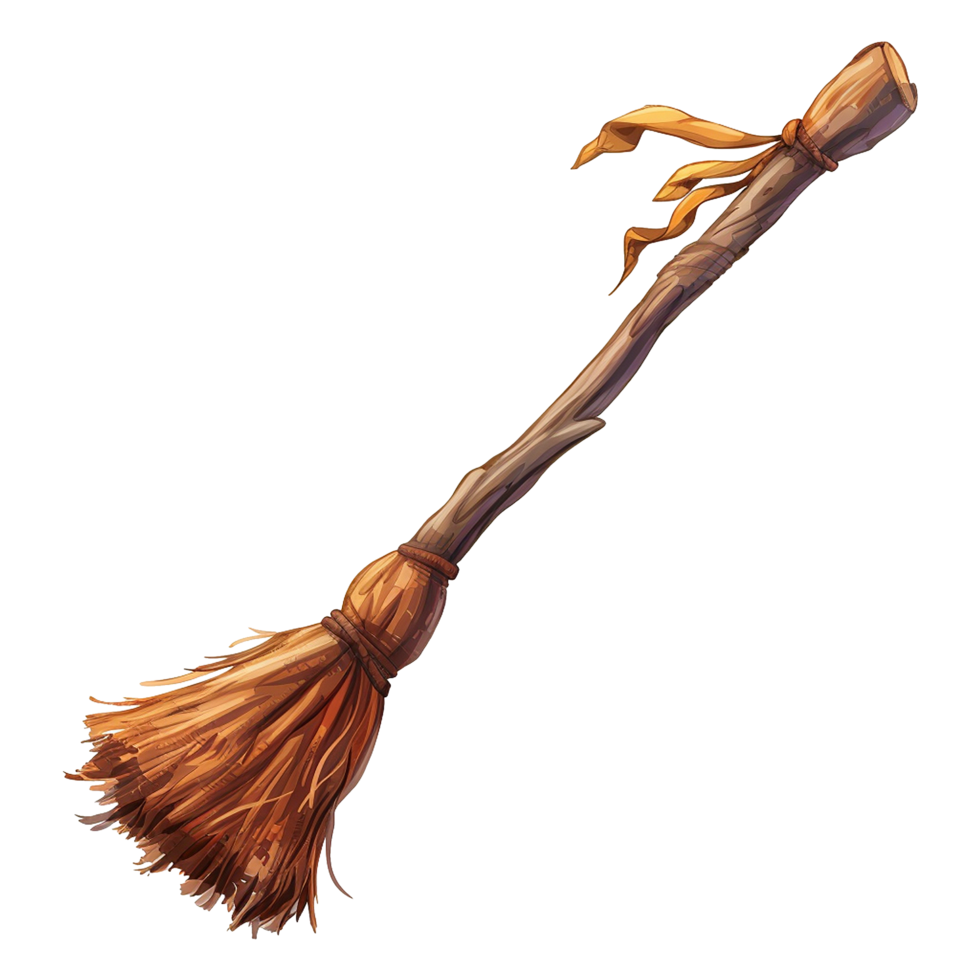 A Detailed Illustration of a Witch's Broomstick with a Brown Wooden Handle and a Fluffy Brown Bristle Broom png