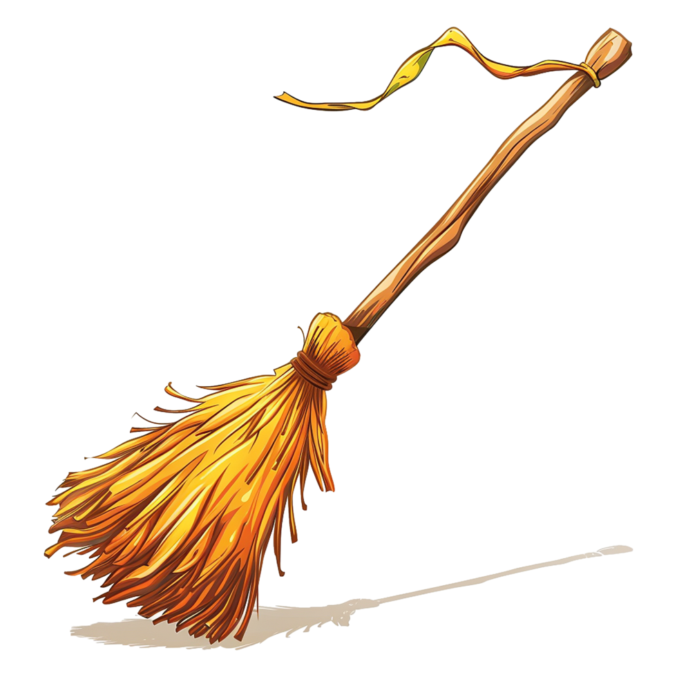 A Detailed Illustration of a Witch's Broomstick with a Yellow Ribbon png