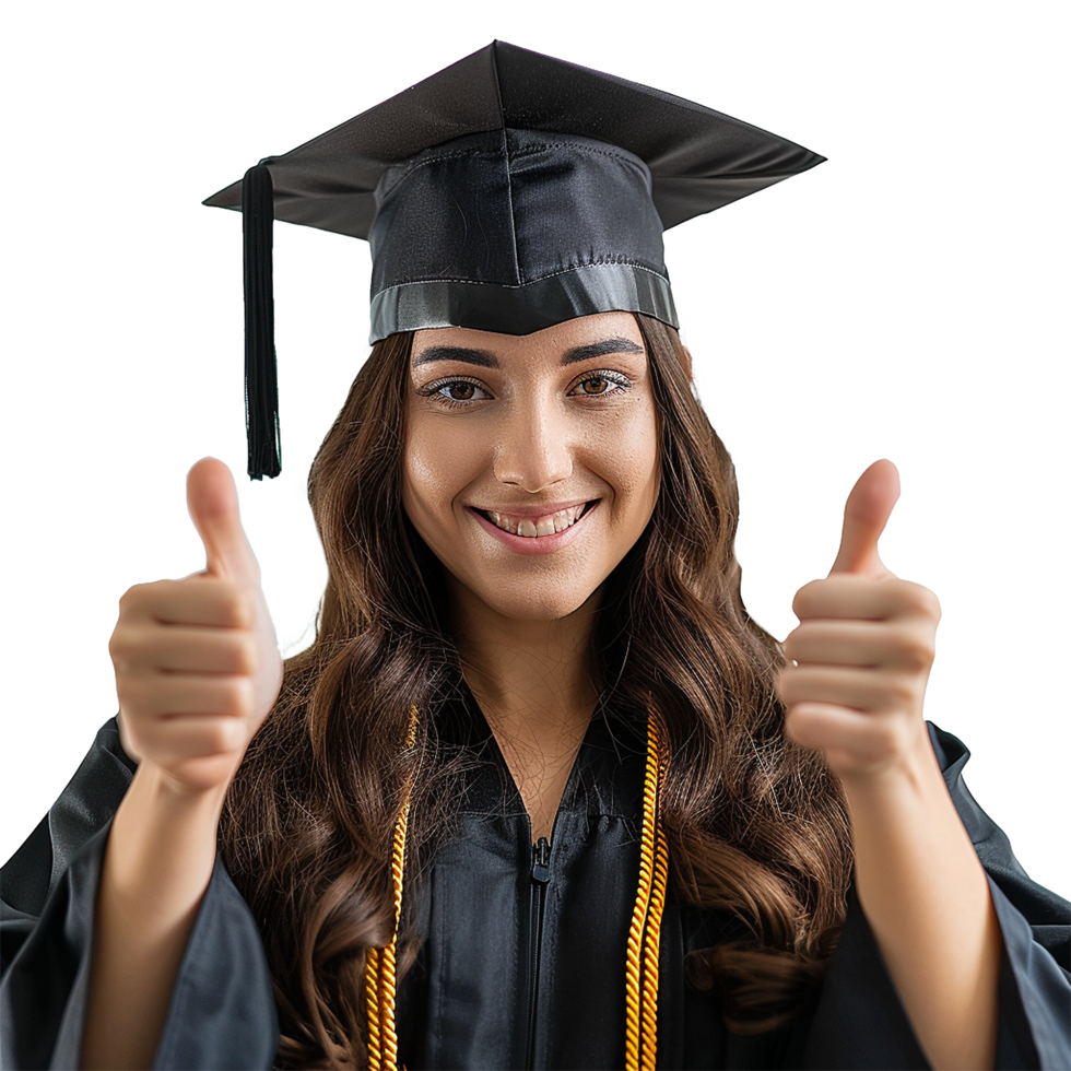A Graduate Woman Showing Thumbs Up in Graduation Gown and Cap png