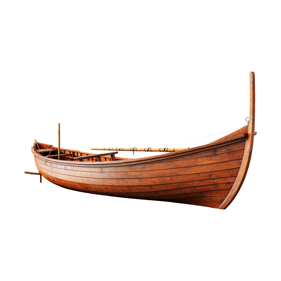 A Classic Wooden Rowboat on Display A Detailed Image of a Traditional Wooden Boat with Oars png