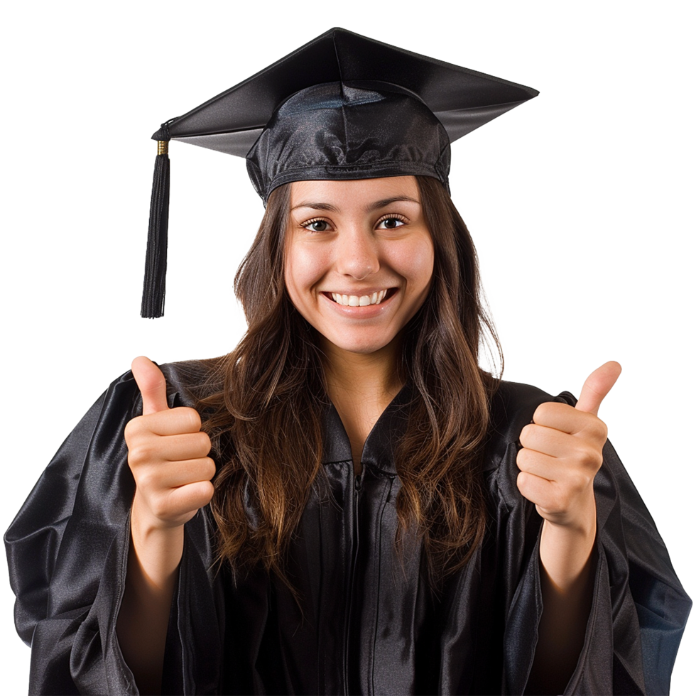 A Graduate Woman Showing Thumbs Up in Graduation Gown Cap png