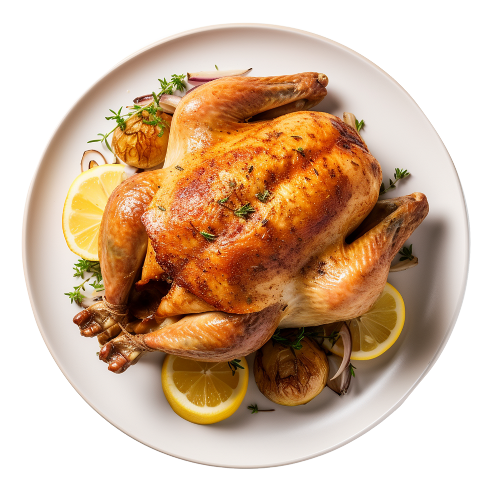Roasted Chicken with Lemon and Herbs on a White Plate A Delicious and Aromatic Dish png