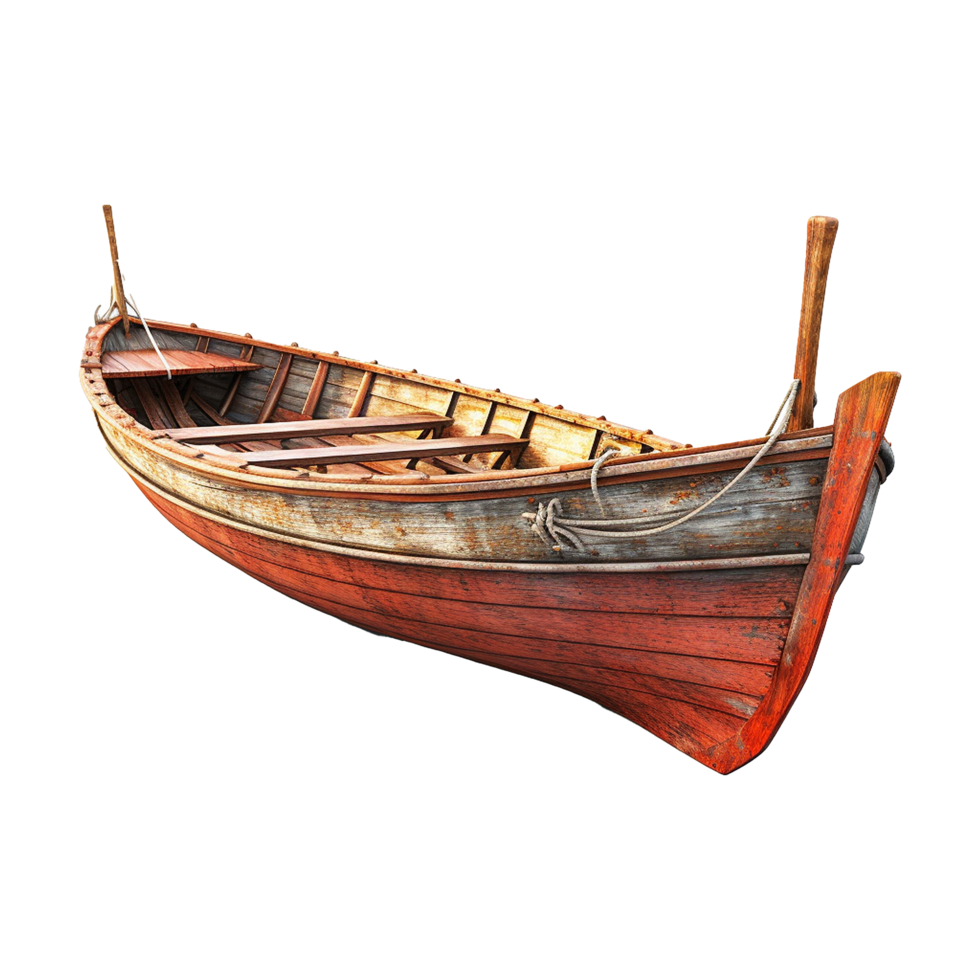 A weathered wooden rowboat with reddishbrown paint and visible wood grain, showing signs of age and use png