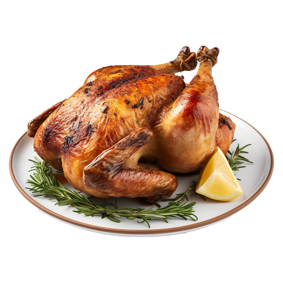 Roasted Chicken with Rosemary and Lemon on a White Plate A Delicious and Aromatic Dish Perfect for a Festive Meal png