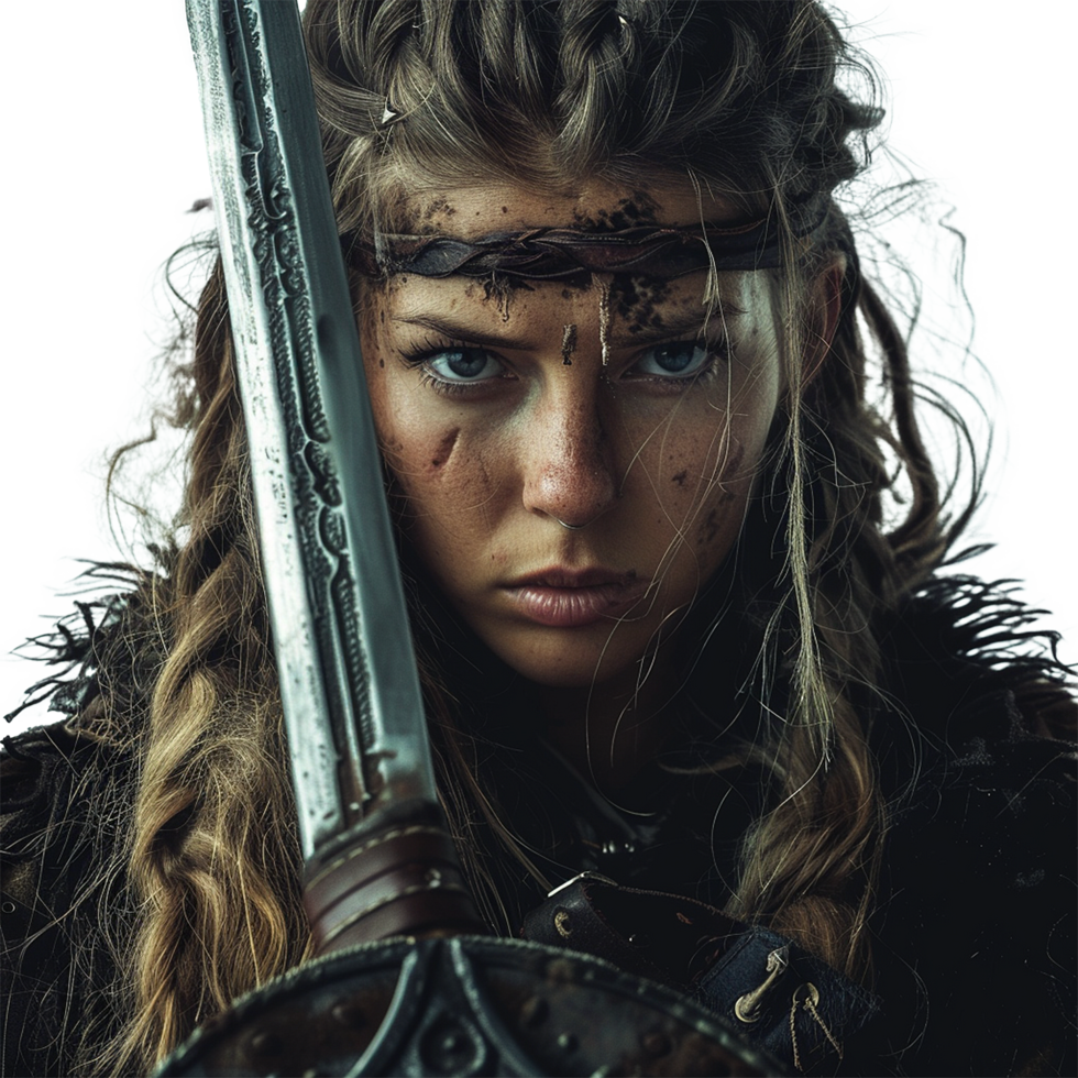 A fierce female warrior with long blonde hair, a sword, and a shield, battleworn and determined png