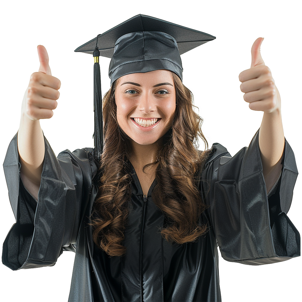 Happy Graduate Showing Two Thumbs Up in Cap and Gown png