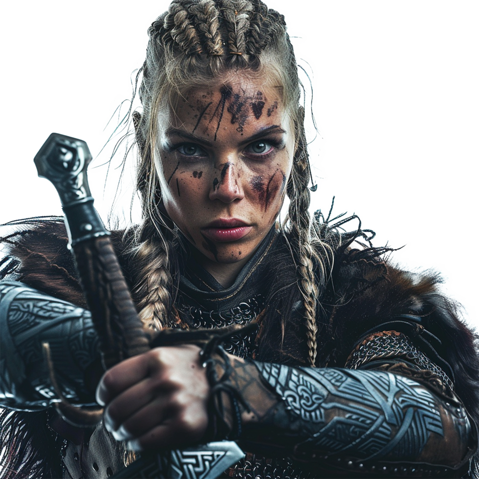 Portrait of a fierce female warrior with braided hair and battle scars, wielding a medieval sword png
