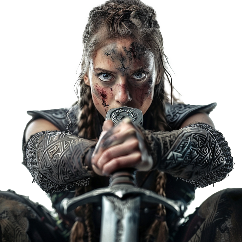 A fierce female warrior with a sword, battlescarred face, and intricate arm armor png
