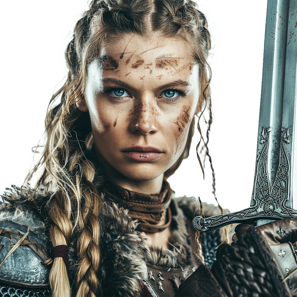 A fierce female warrior woman with braided hair holds a medieval sword png
