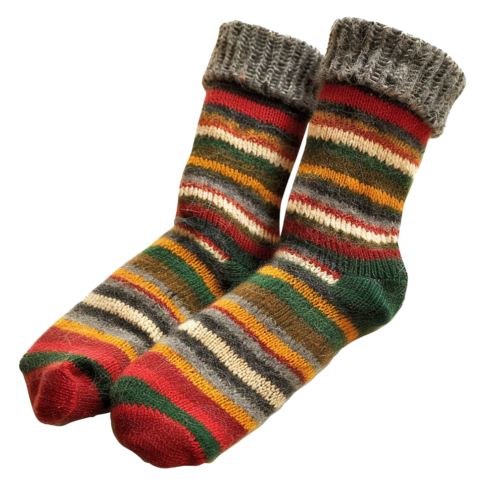 Pair of Colorful Striped Wool Socks with Grey Cuffs Cozy Winter Warmth Handmade Knitted png
